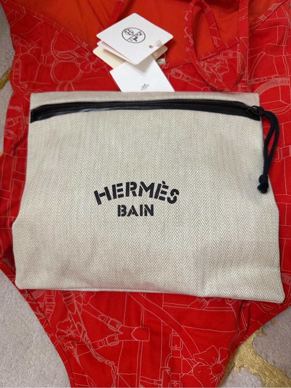 Hermes Red Patterned One-Piece Swimsuit - Picture 10 of 10